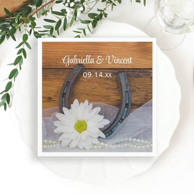 Serviette En Papier White Daisy and Horseshoe Country Western Mariage (Créateur téléchargé)