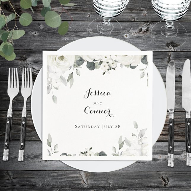 Serviette En Papier White Peony Greenery Mariage Cocktail Carré (Créateur téléchargé)