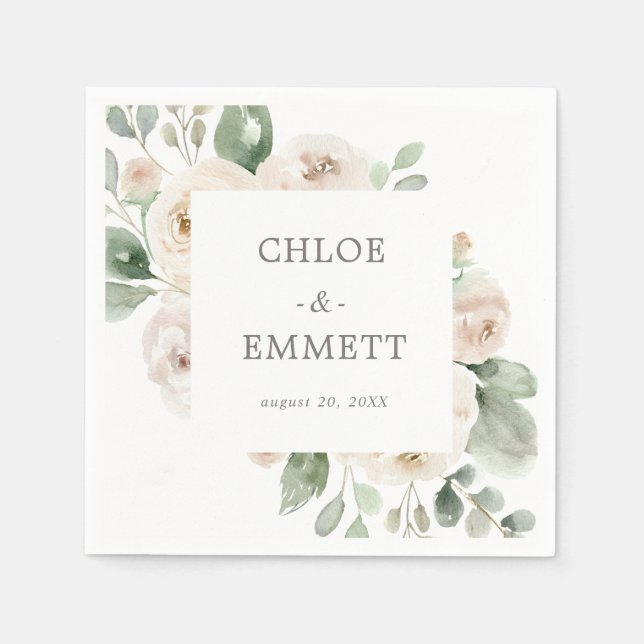 Serviette En Papier White Rose Floral Eucalyptus Wedding (Devant)