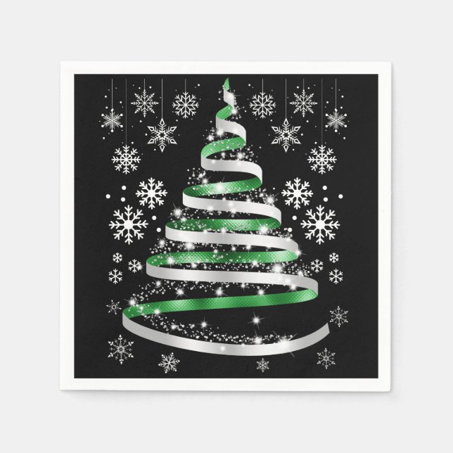 Serviette En Papier White Snowflake Silver Green Ribbon Christmas Tree (Devant)