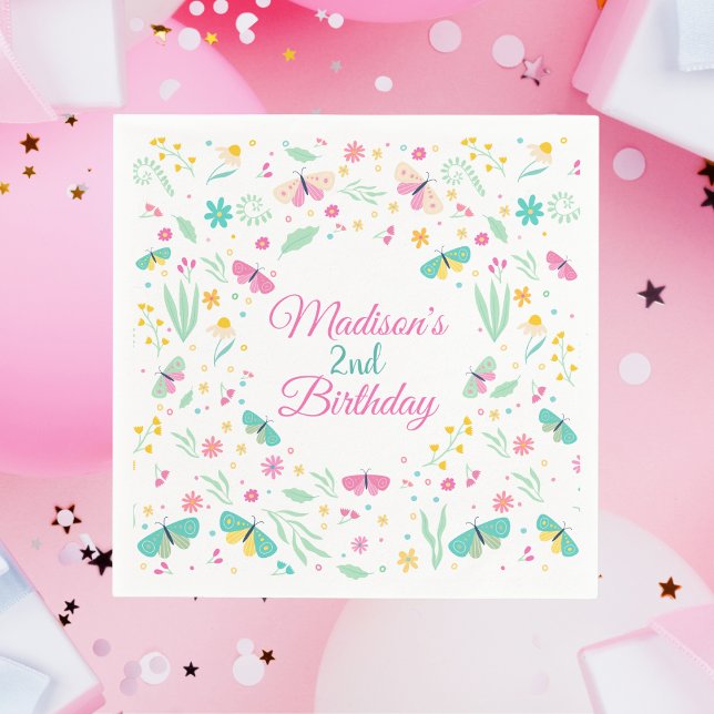 Serviette En Papier White Whimsical Garden Butterfly Girls Birthday (Créateur téléchargé)