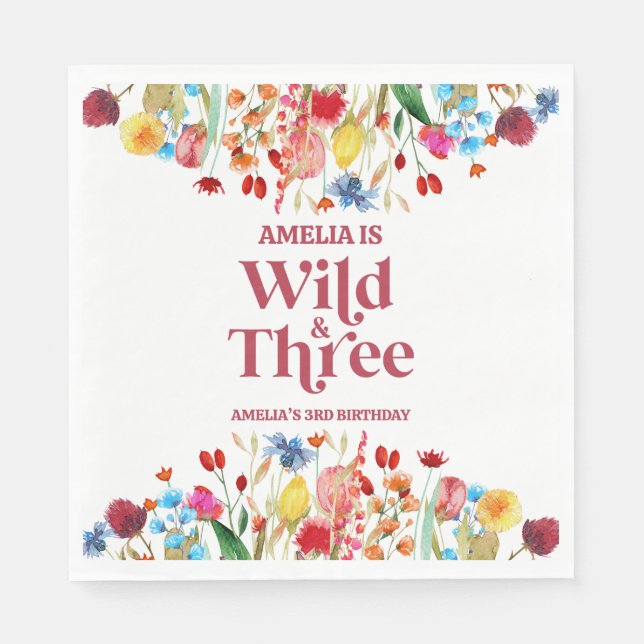 Serviette En Papier Wild and Three Fleur sauvage Troisième fête d'anni (Devant)