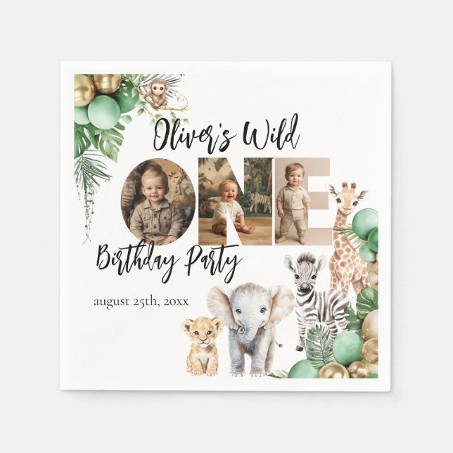 Serviette En Papier Wild One Birthday Safari photo d'animal (Devant)
