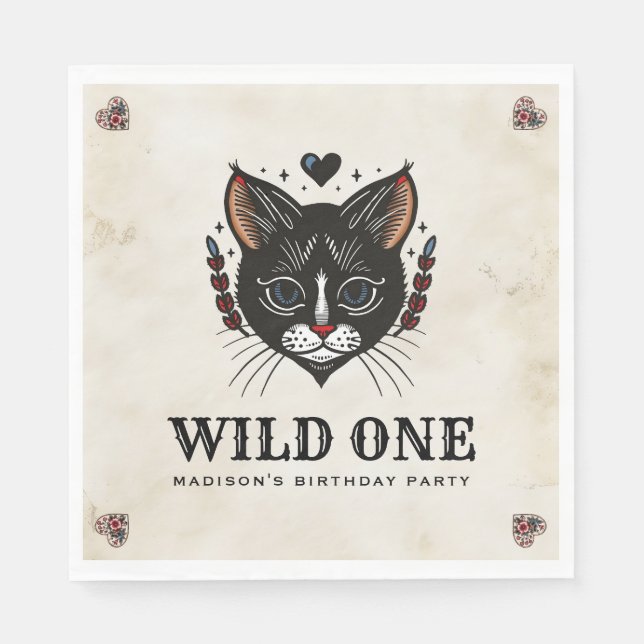Serviette En Papier Wild One Cute Kitten Cat Rockabilly 1er Anniversai (Devant)