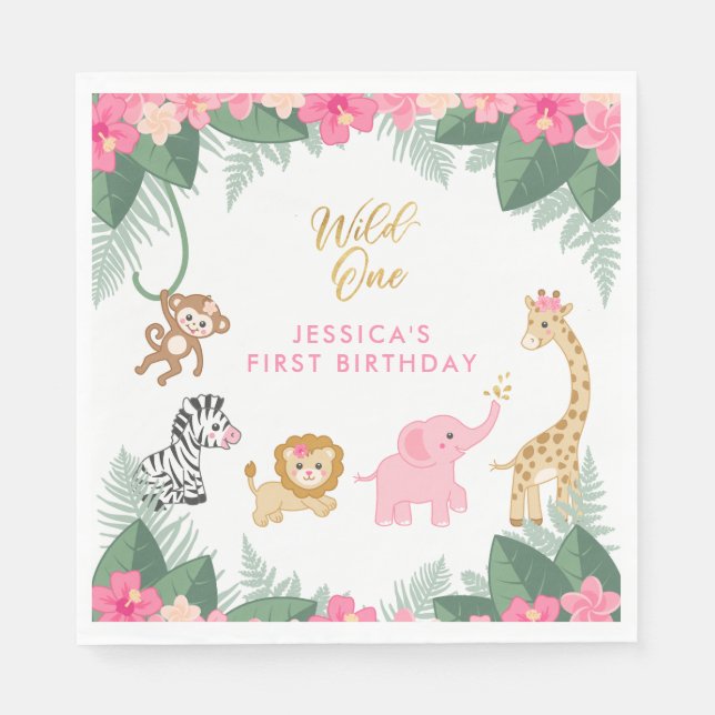 Serviette En Papier Wild ONE - Pink Safari Girl's premier anniversaire (Devant)