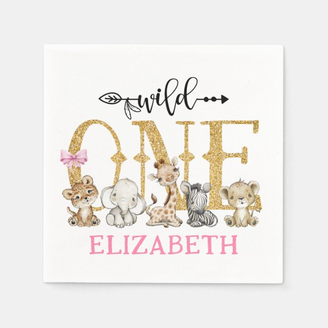 Serviette En Papier Wild One Safari Gold Parties scintillant premier a (Devant)