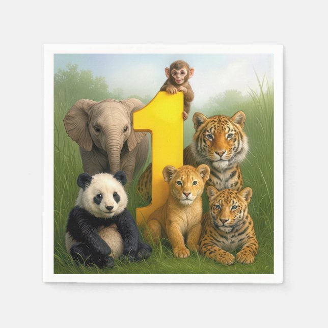 Serviette En Papier Wildlife Animal Babies With a Number One (Devant)