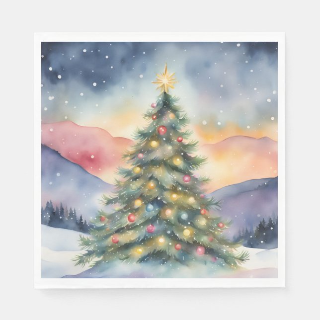 Serviette En Papier Winter Christmas Tree Snowy Sunset Scenery (Devant)