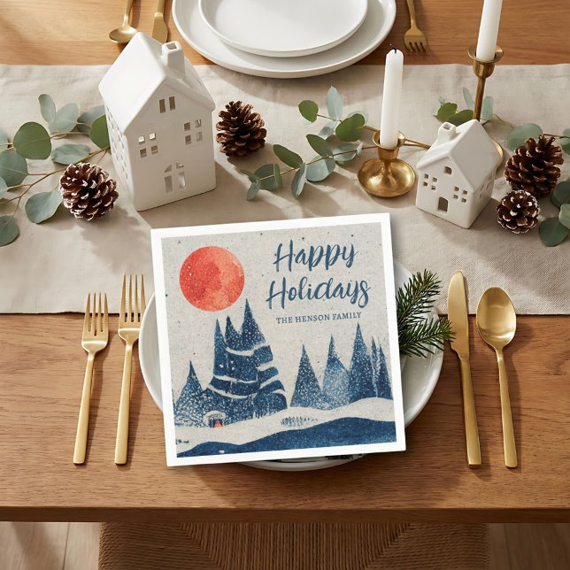 Serviette En Papier Winter Landscape Forest Moon Navy Blue Drawing  (Créateur téléchargé)