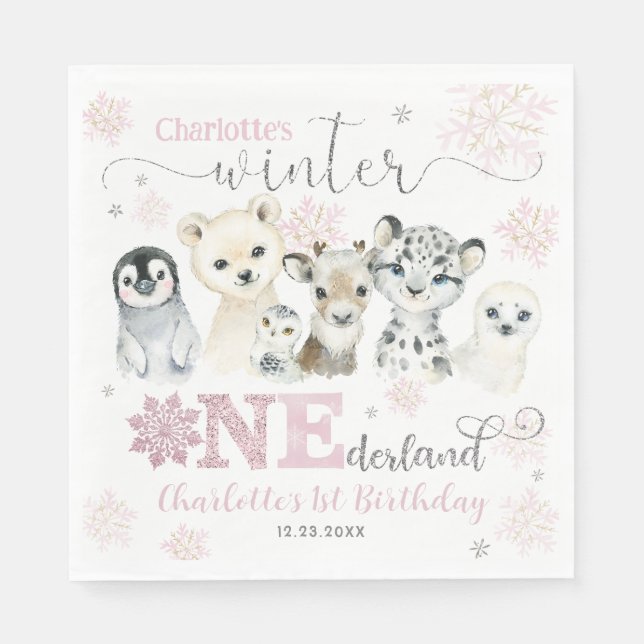 Serviette En Papier Winter Onederland Arctic Animals Snow 1st Birthday (Devant)