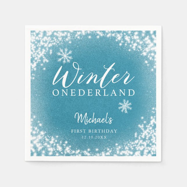 Serviette En Papier Winter Onederland Blue 1ère fête d'anniversaire (Devant)