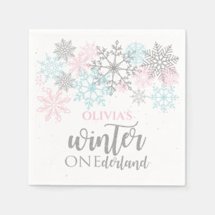 Serviette En Papier Winter Onederland Rose bleu argent parties scintil