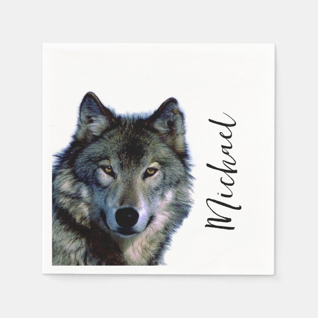 Serviette En Papier Wolf Portrait Votre nom Écriture personnalisée (Devant)