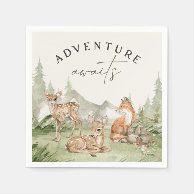 Serviette En Papier Woodland Animals Adventure Await Baby shower (Devant)
