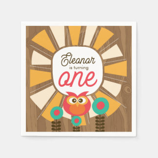 Serviette En Papier Woodland Owl First Birthday Invitation – One Year 
