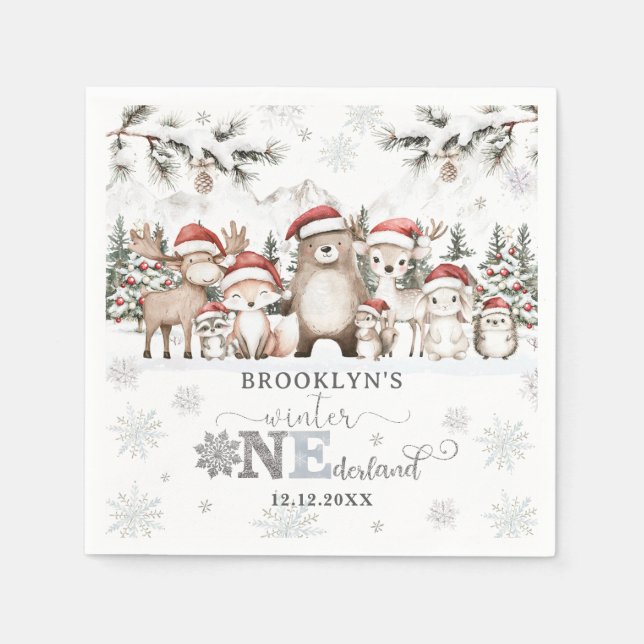 Serviette En Papier Woodland Winter ONEderland Christmas 1st Birthday (Devant)