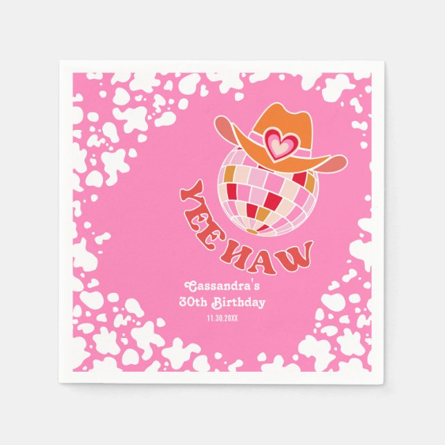 Serviette En Papier Yee Haw Pink Disco Cowgirl Rodeo Anniversaire (Devant)