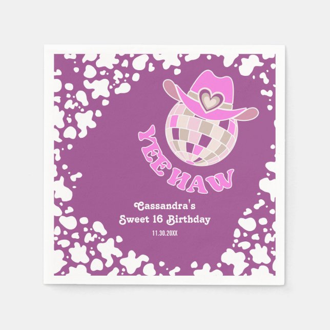 Serviette En Papier Yee Haw Purple Disco Cowgirl Rodeo Anniversaire (Devant)