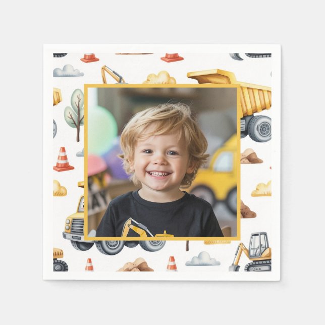 Serviette En Papier Yellow Construction Trucks Boy Birthday Photo  (Devant)