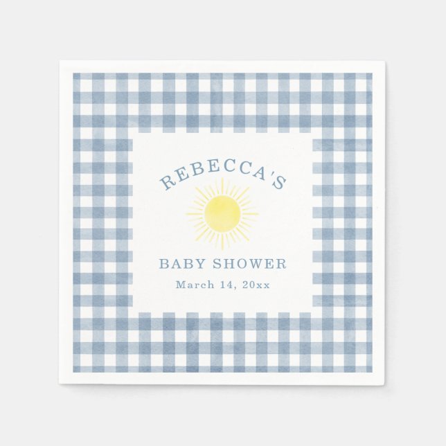 Serviette En Papier Yellow Sun Blue Gingham Boy Baby Shower (Devant)