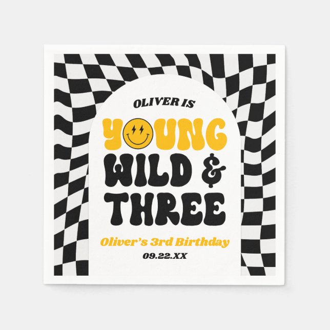 Serviette En Papier Young Wild & Three Retro Third 3rd Birthday Party (Devant)