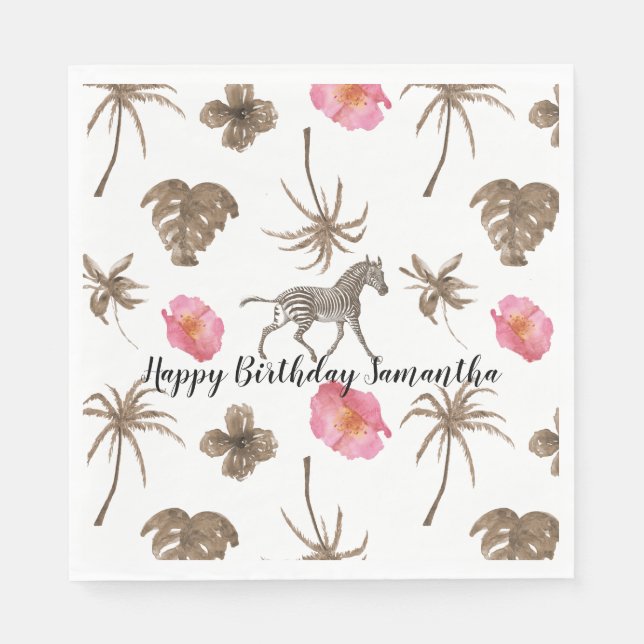 Serviette En Papier Zèbre Brown rose Tropical Floral Palmiers (Devant)