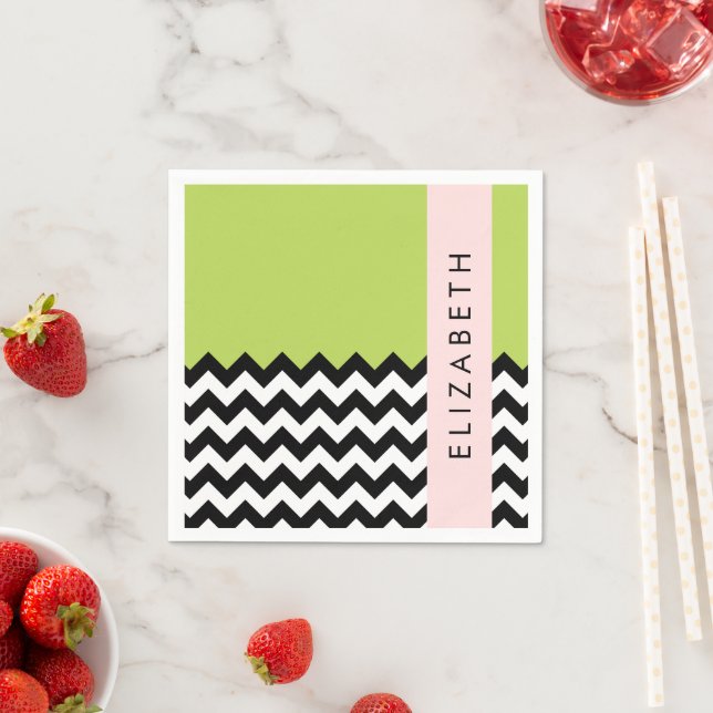 Serviette En Papier Zigzag noir et blanc, Chevron, Vert, Votre nom (En situation)
