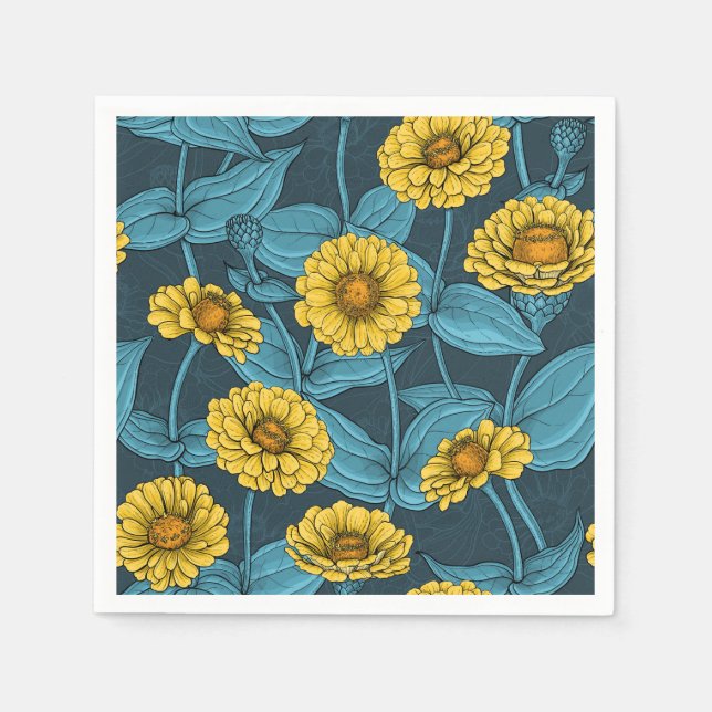 Serviette En Papier Zinnias jaune sur bleu foncé (Devant)