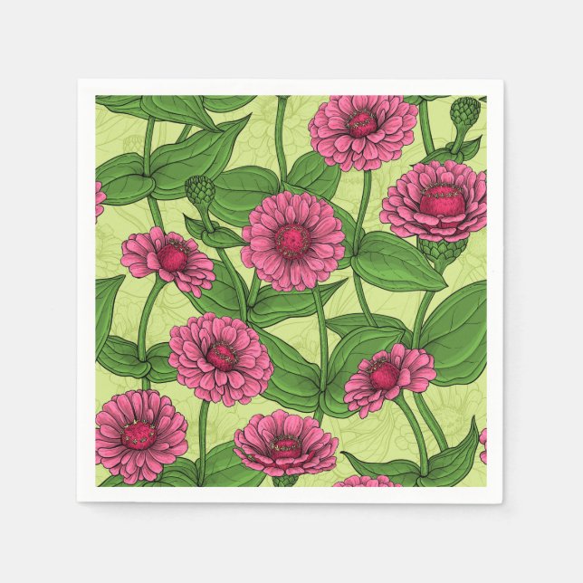 Serviette En Papier Zinnias rose sur vert clair (Devant)