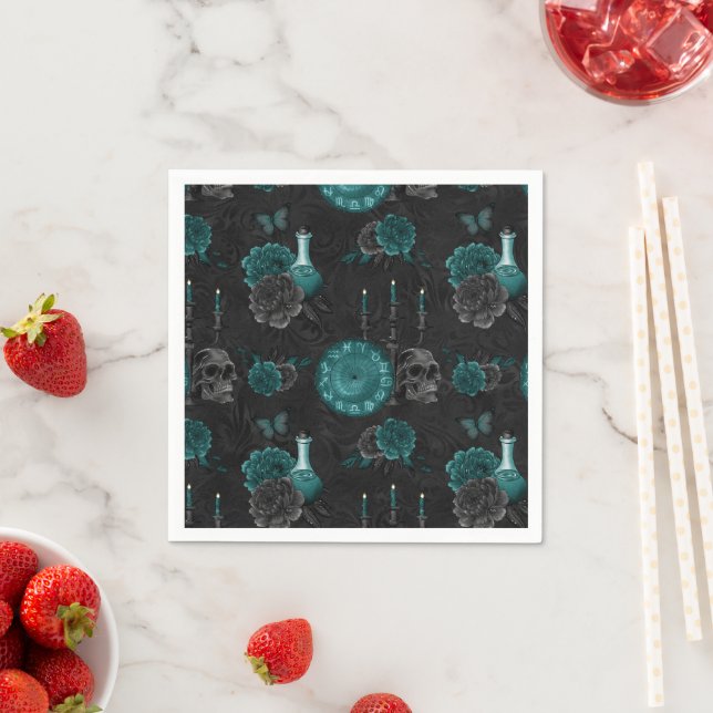 Serviette En Papier Zodiac Magie | Turquoise foncé vert crâne gothique (En situation)