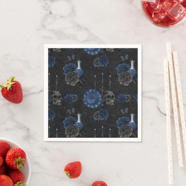 Serviette En Papier Zodiaque magic | Dark Navy Blue Gothic Skull (En situation)