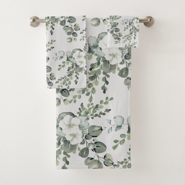Serviette Fleurs Blanches Élégantes et Verdure (En situation)