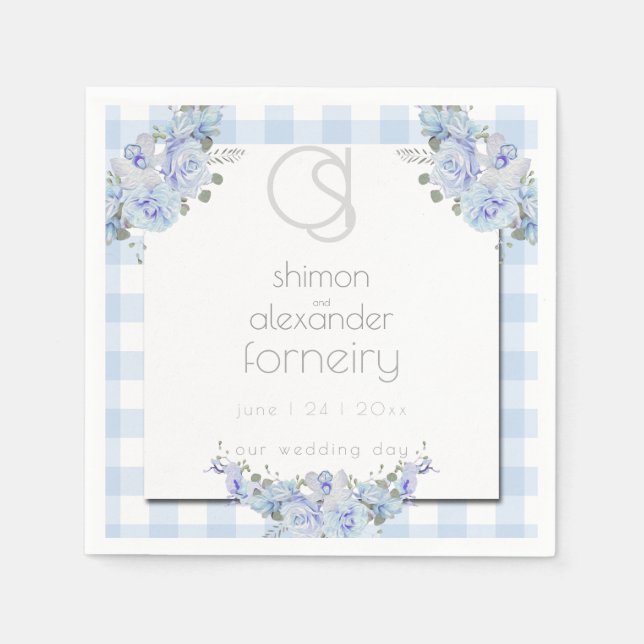 Serviette | Floral Monogram Blue Gingham (Vorderseite)