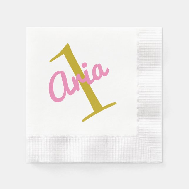 Serviette Jetable 1er Anniversaire Cocktail Napkin Rose Or Blanc (Devant)