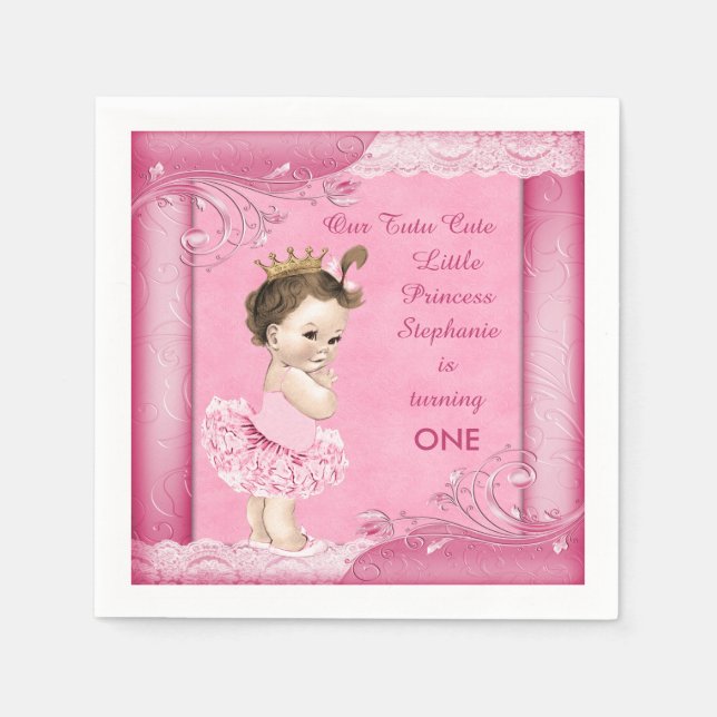 Serviette Jetable 1er anniversaire Tutu Cute Brunette Princesse Faux (Devant)