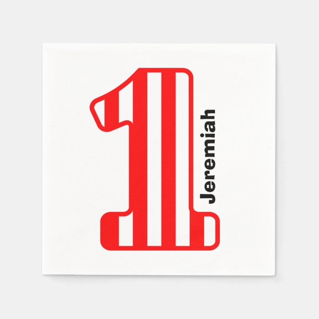 Serviette Jetable 1er BÉBÉ Anniversaire Rouge rayé Grand Numéro A10 (Devant)