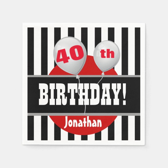 Serviette Jetable 40e anniversaire Stripes et Balloon BLACK RED A07 (Devant)