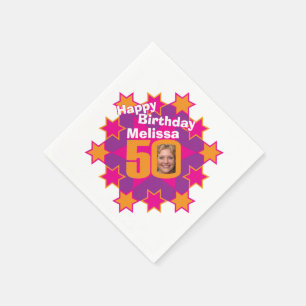 Serviette Jetable 50e anniversaire photo et nom rose étoiles serviet