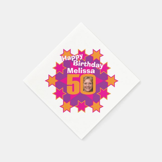 Serviette Jetable 50e anniversaire photo et nom rose étoiles serviet (Coin)