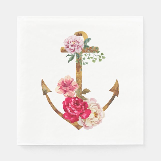 Serviette Jetable Ancre nautique vintage Fleur de pivoine rose et ro (Devant)