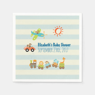 Serviette Jetable Animal Toy Train, voiture et avion sur Stripes