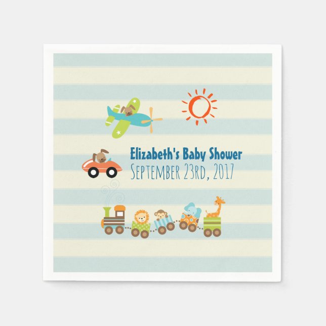 Serviette Jetable Animal Toy Train, voiture et avion sur Stripes (Devant)