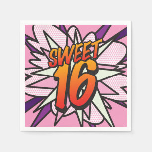 Serviette Jetable Anniversaire 16 ans Fun rétro bande dessinée rose