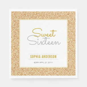 Serviette Jetable Anniversaire Sweet 16 Faux Paillettes Dorées