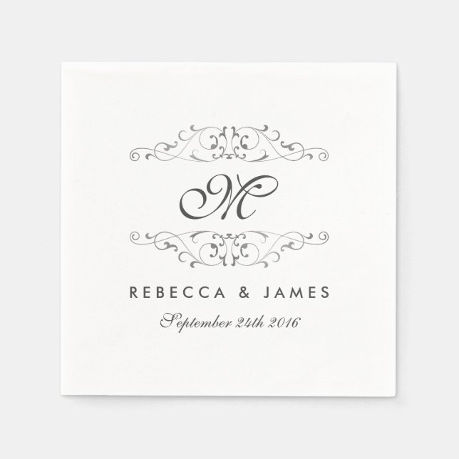 Serviette Jetable Antique Argent Flourdissant Monogramme Mariage Nap (Devant)