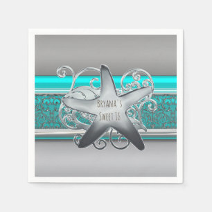 Serviette Jetable Aqua & Silver Starfish Soirée de plage élégante