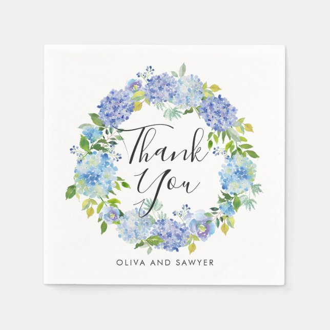 Serviette Jetable Aquarelle bleu Hydrangea Wreath Merci Mariage (Devant)
