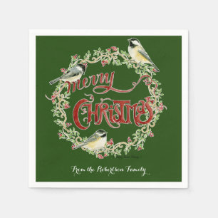 Serviette Jetable Aquarelle Chickadee Birds Joyeux Noël Wreath