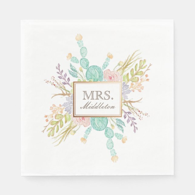 Serviette Jetable Aquarelle de bouquet Succulente | Nom personnalisé (Devant)