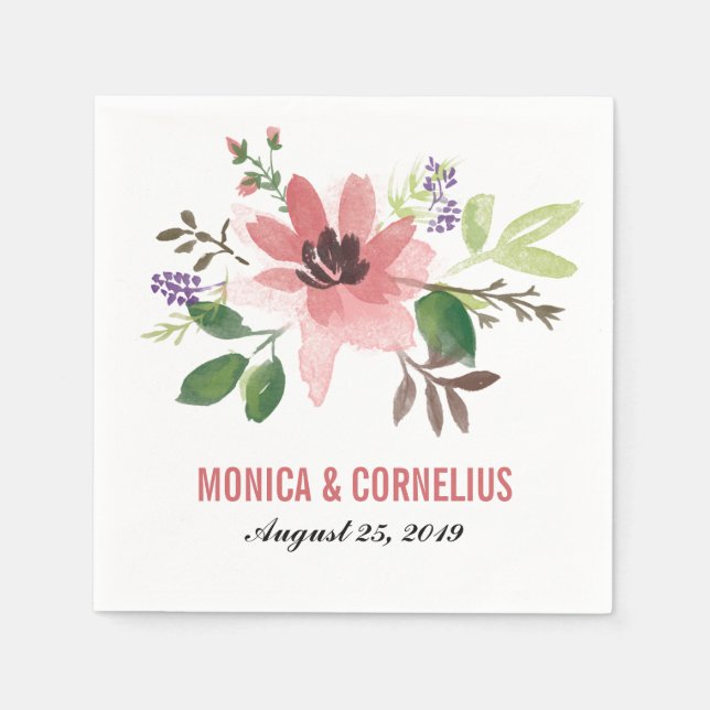 Serviette Jetable Aquarelle Fleur rose | Réception de mariage (Devant)